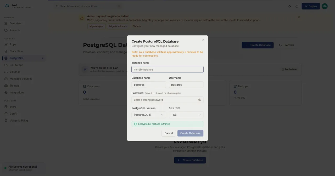 Create PostgreSQL database form