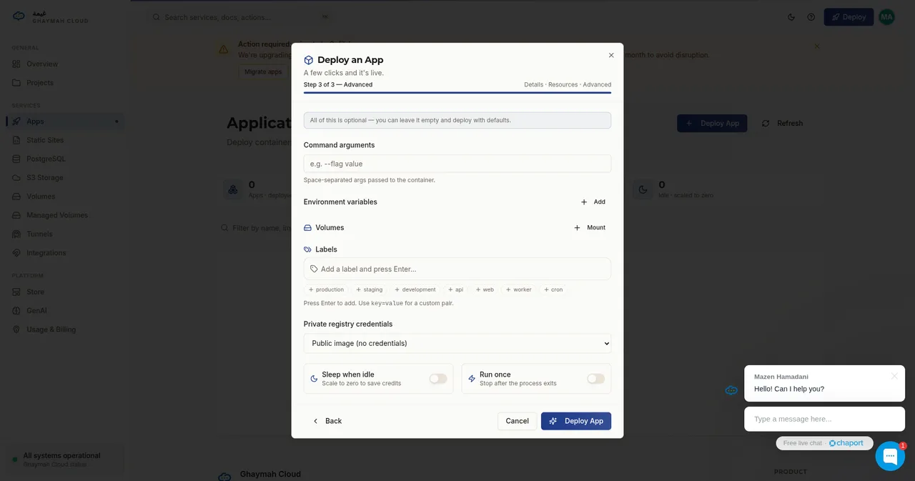 Deploy App form — advanced