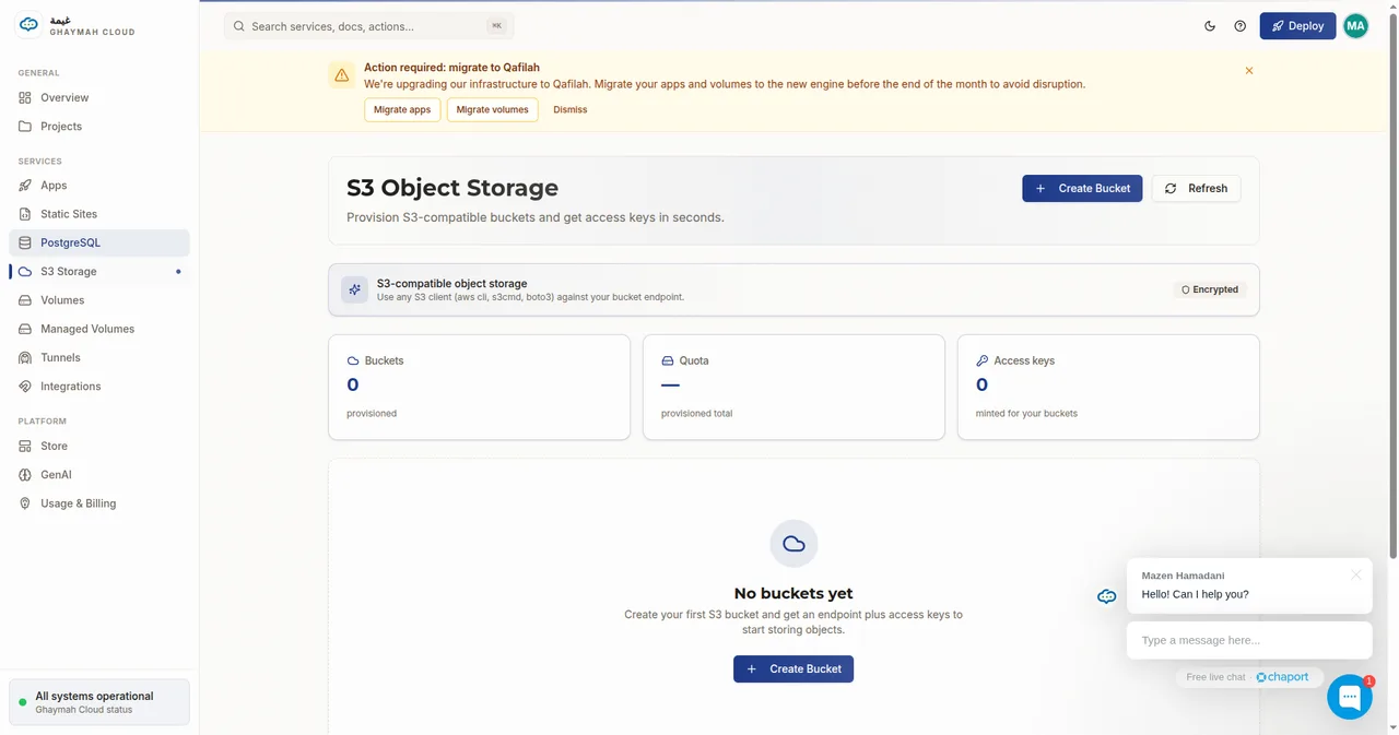 Ghaymah S3 storage page